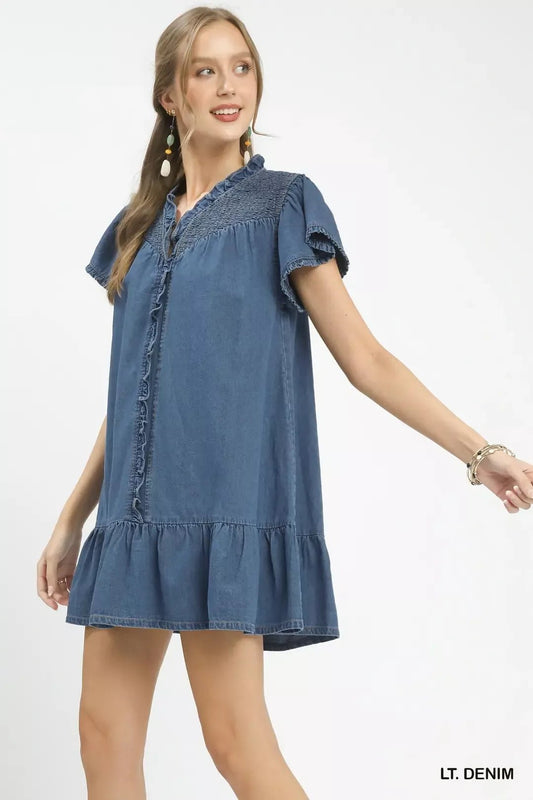 Umgee Ruffled Washed Denim Dress - Bitsy Gypsy Boutique