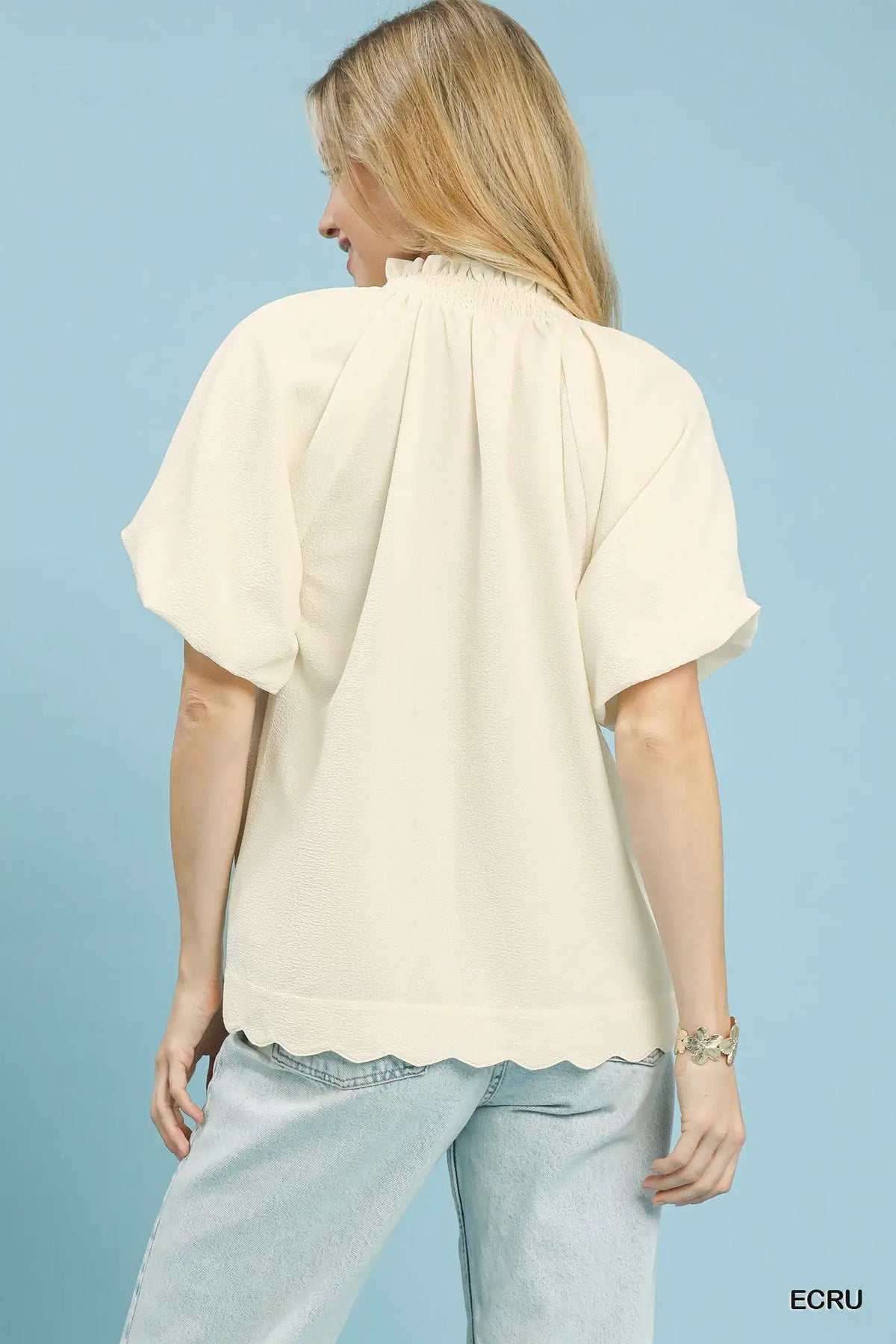 Umgee Scalloped Hem Textured Blouse by Trendsi