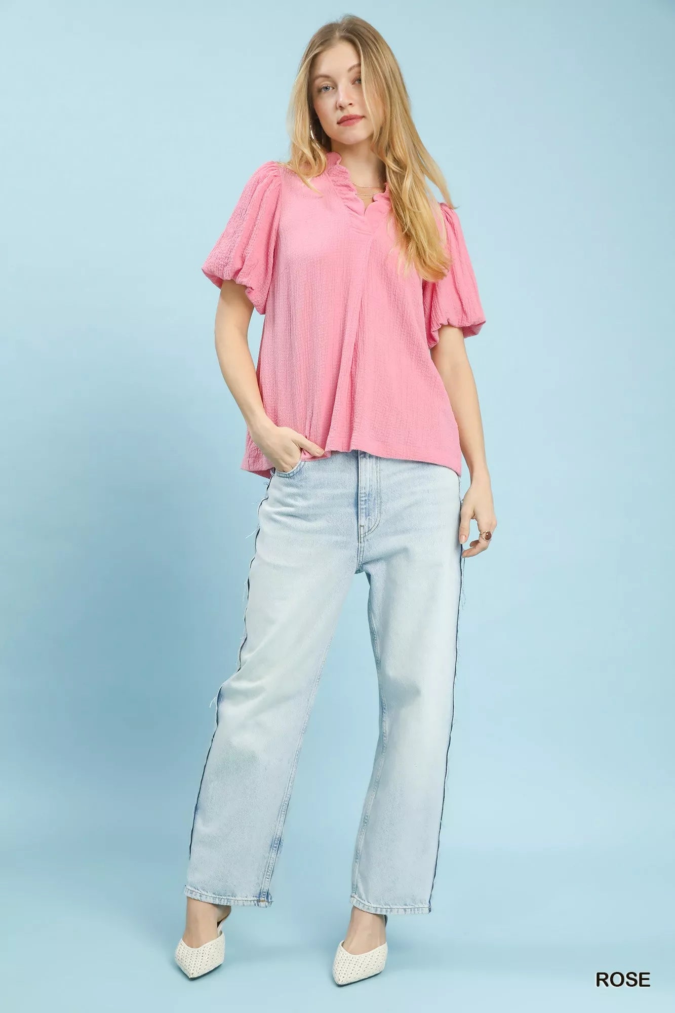 Umgee Seersucker Puff Sleeve Blouse - Bitsy Gypsy Boutique