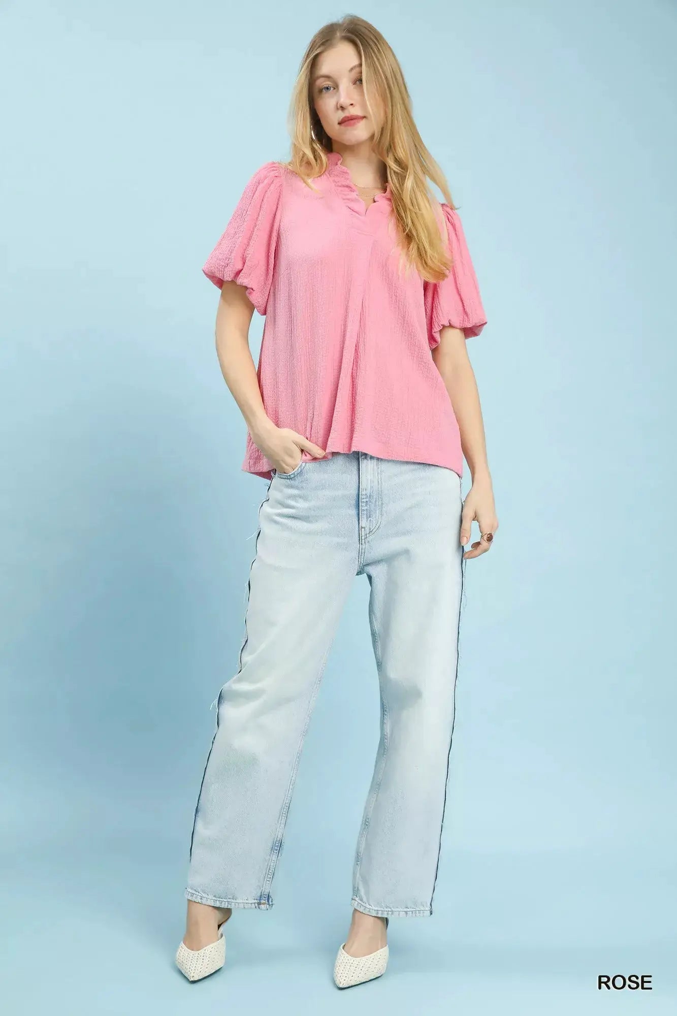 Umgee Seersucker Puff Sleeve Blouse by Trendsi