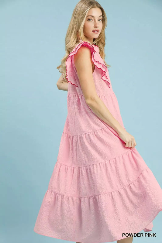 Umgee Seersucker Ruffle Sleeve Tiered Midi Dress - Bitsy Gypsy Boutique