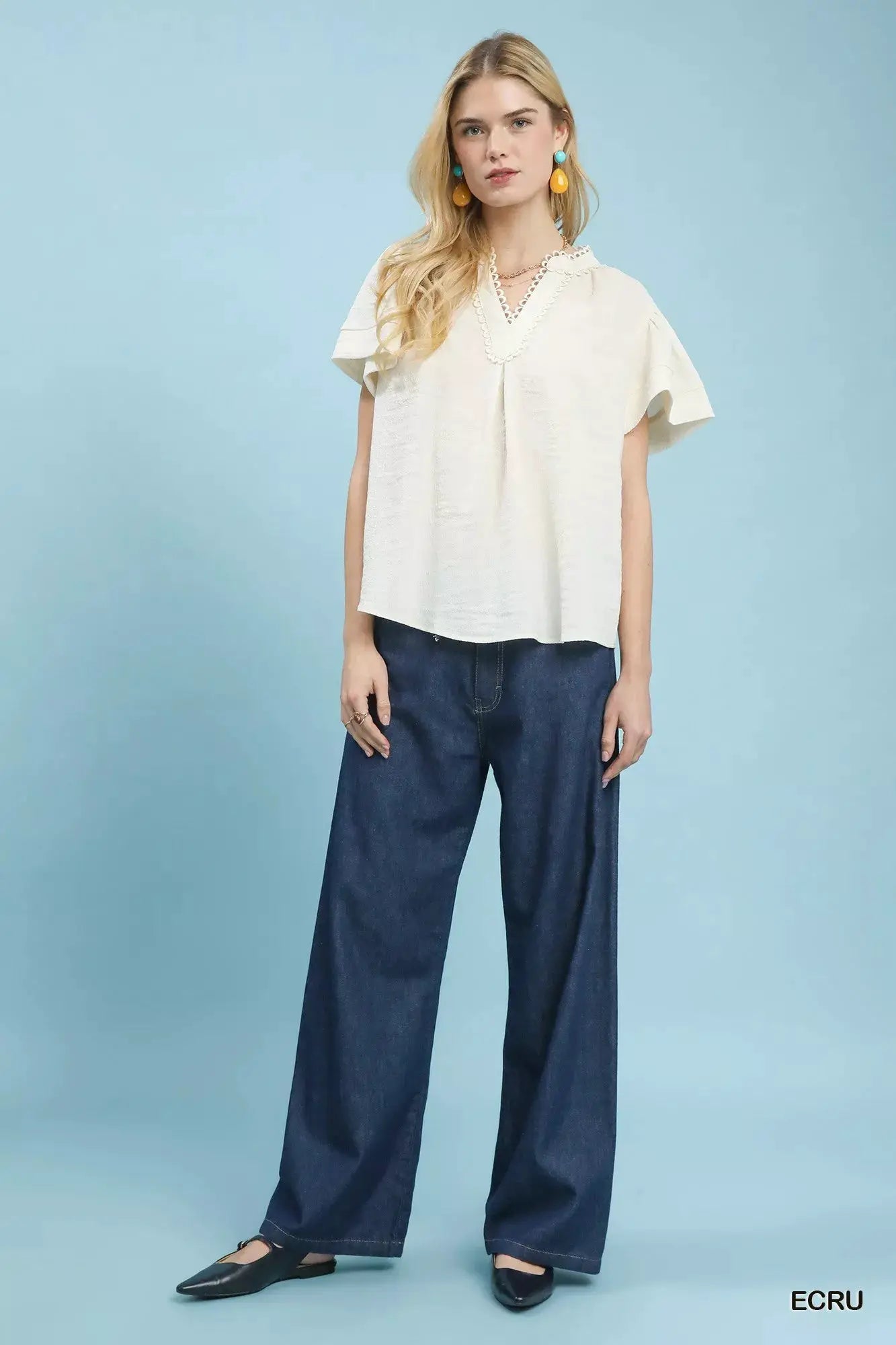 Umgee Seersucker Short Sleeve Top with Lace Trim by Trendsi