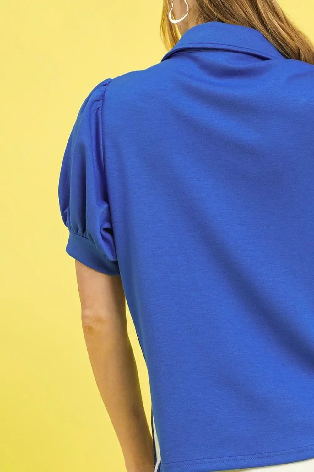 Umgee Side Zip Striped Puff Sleeve Polo - Bitsy Gypsy Boutique