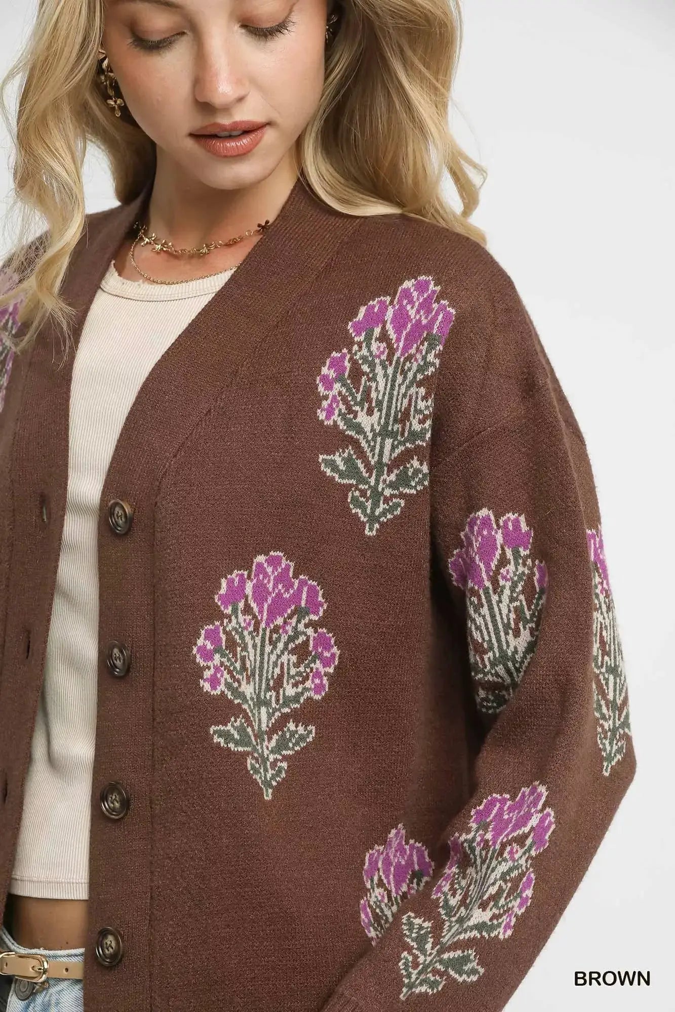 Umgee Single Flower Stem Jacquard Cardigan Sweater by Trendsi