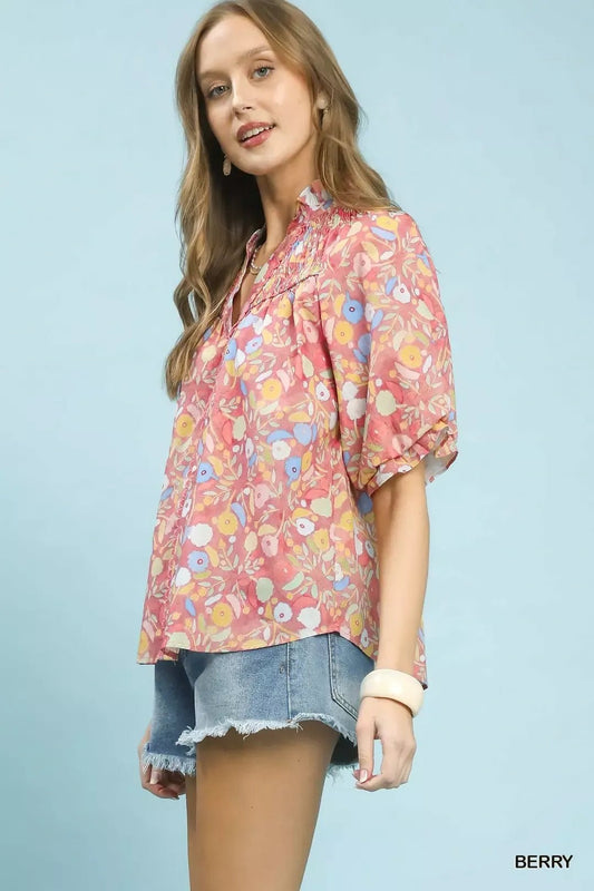 Umgee Smocked Floral Ruffle Trim Top - Bitsy Gypsy Boutique