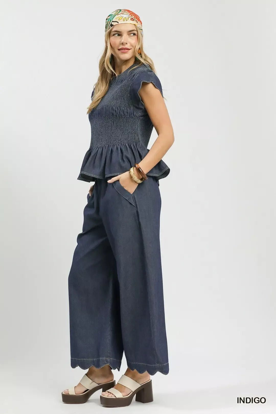 Umgee Smocked Peplum Top with Scalloped Ruffle Cap Sleeves - Bitsy Gypsy Boutique