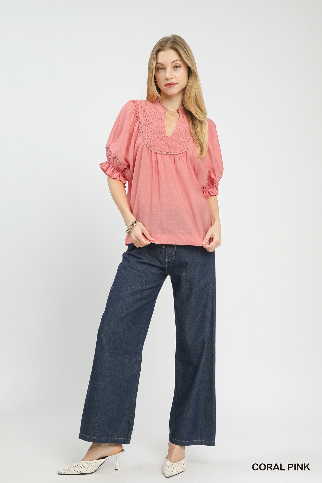 Umgee Smocked Yoke Blouse with Ruffle Sleeves - Bitsy Gypsy Boutique