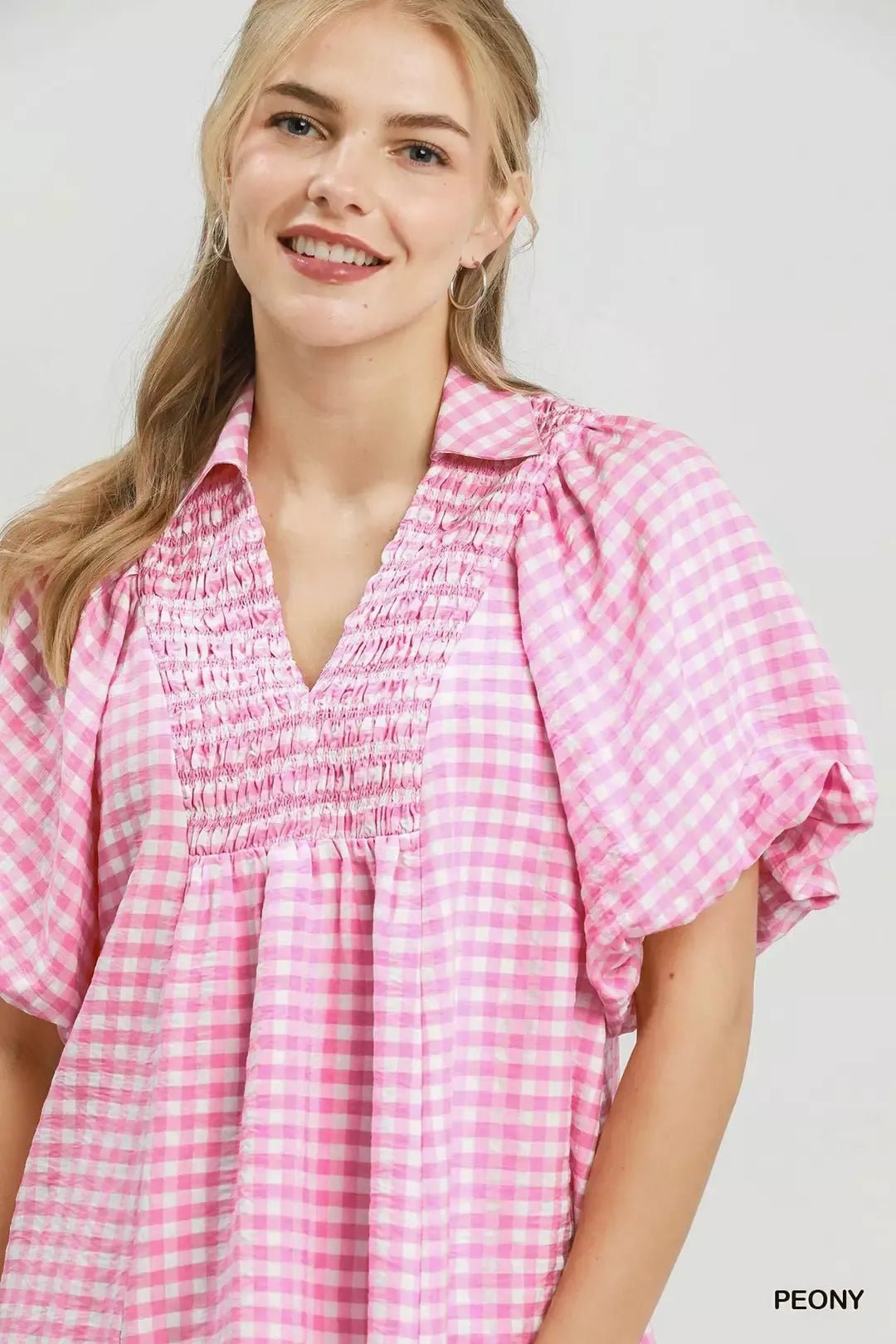 Umgee Smocked Yoke Puff Sleeve Gingham Blouse - Bitsy Gypsy Boutique