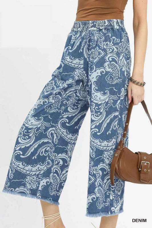 Umgee Stone Wash Wide Leg Crop Pants - Bitsy Gypsy Boutique