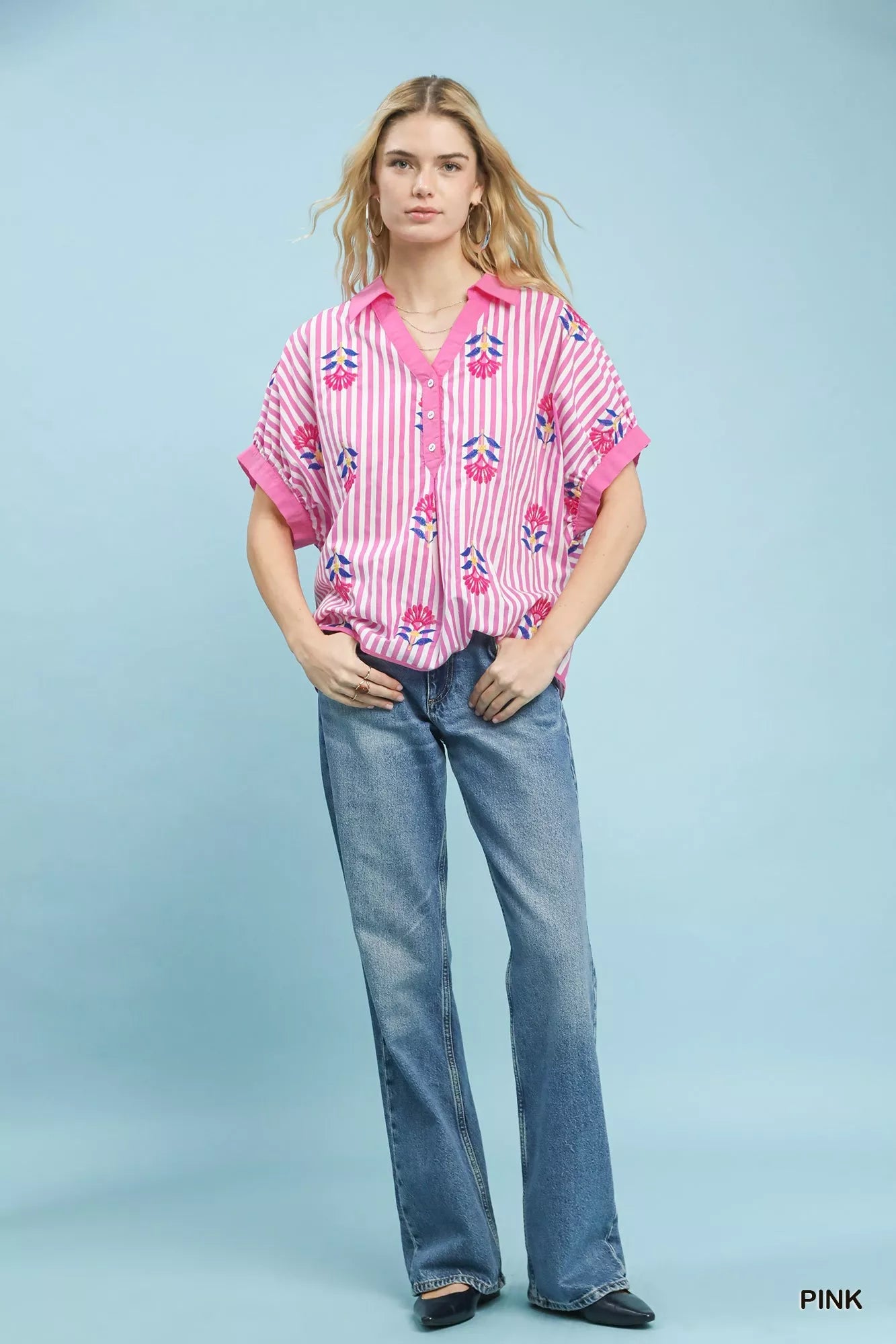 Umgee Stripe Embroidered Button - Front Boho Blouse - Bitsy Gypsy Boutique