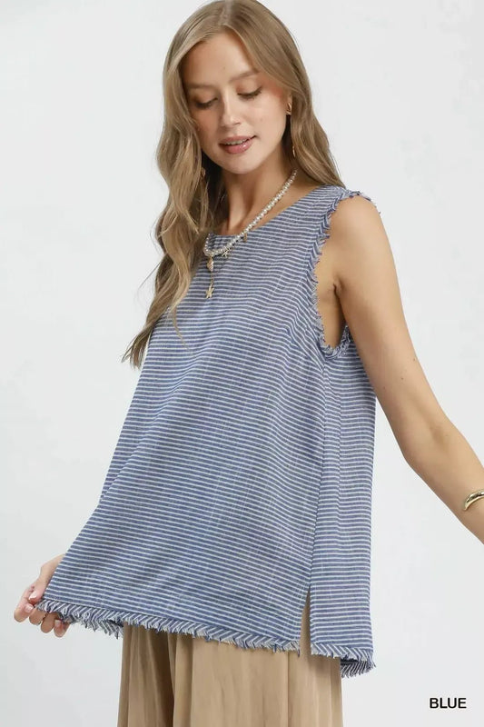 Umgee Stripe Fringe Trim Sleeveless Top - Bitsy Gypsy Boutique