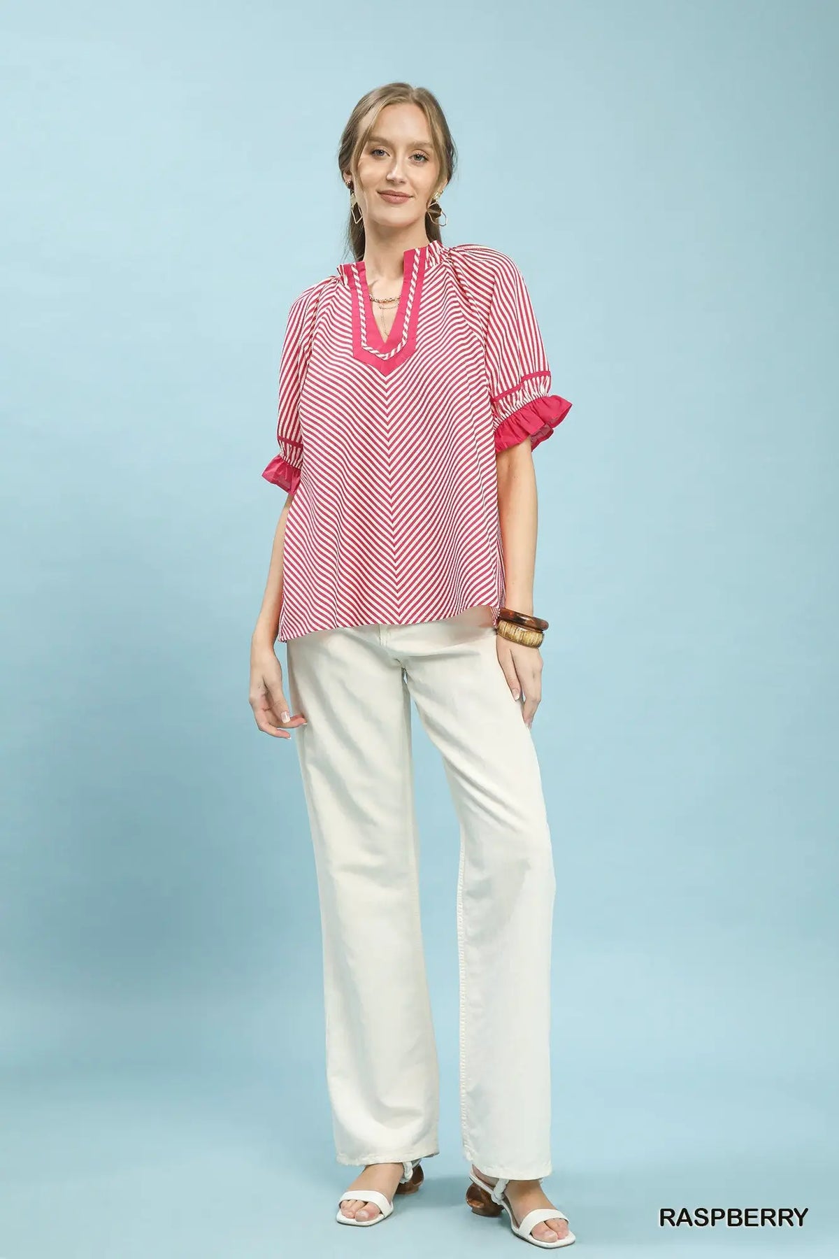 Umgee Stripe Ruffle Sleeve Split-Neck Blouse by Trendsi