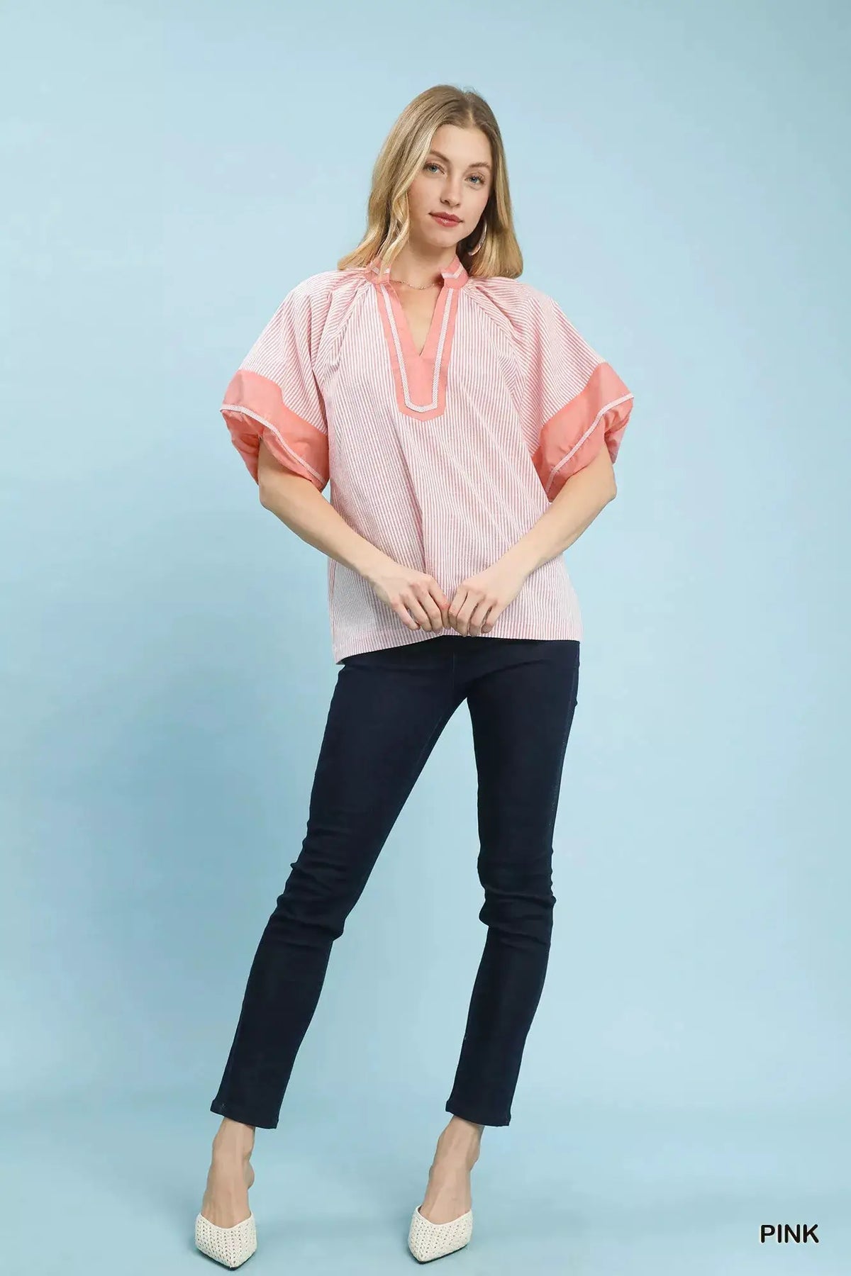 Umgee Striped Mixed Puff Sleeve Blouse by Trendsi