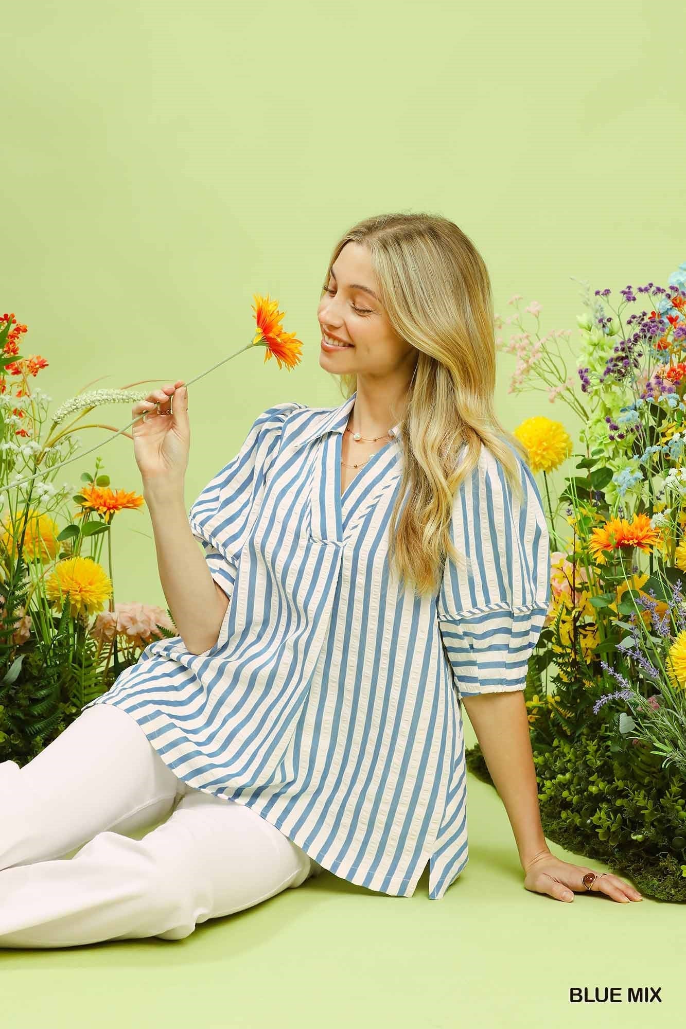 Umgee Striped Puff Sleeve Blouse - Bitsy Gypsy Boutique