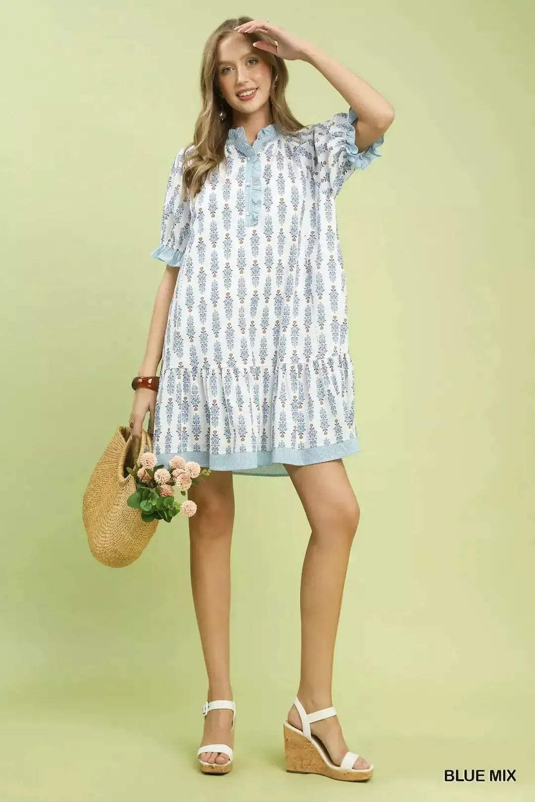Umgee Striped Trim Floral Tiered Mini Dress by Trendsi