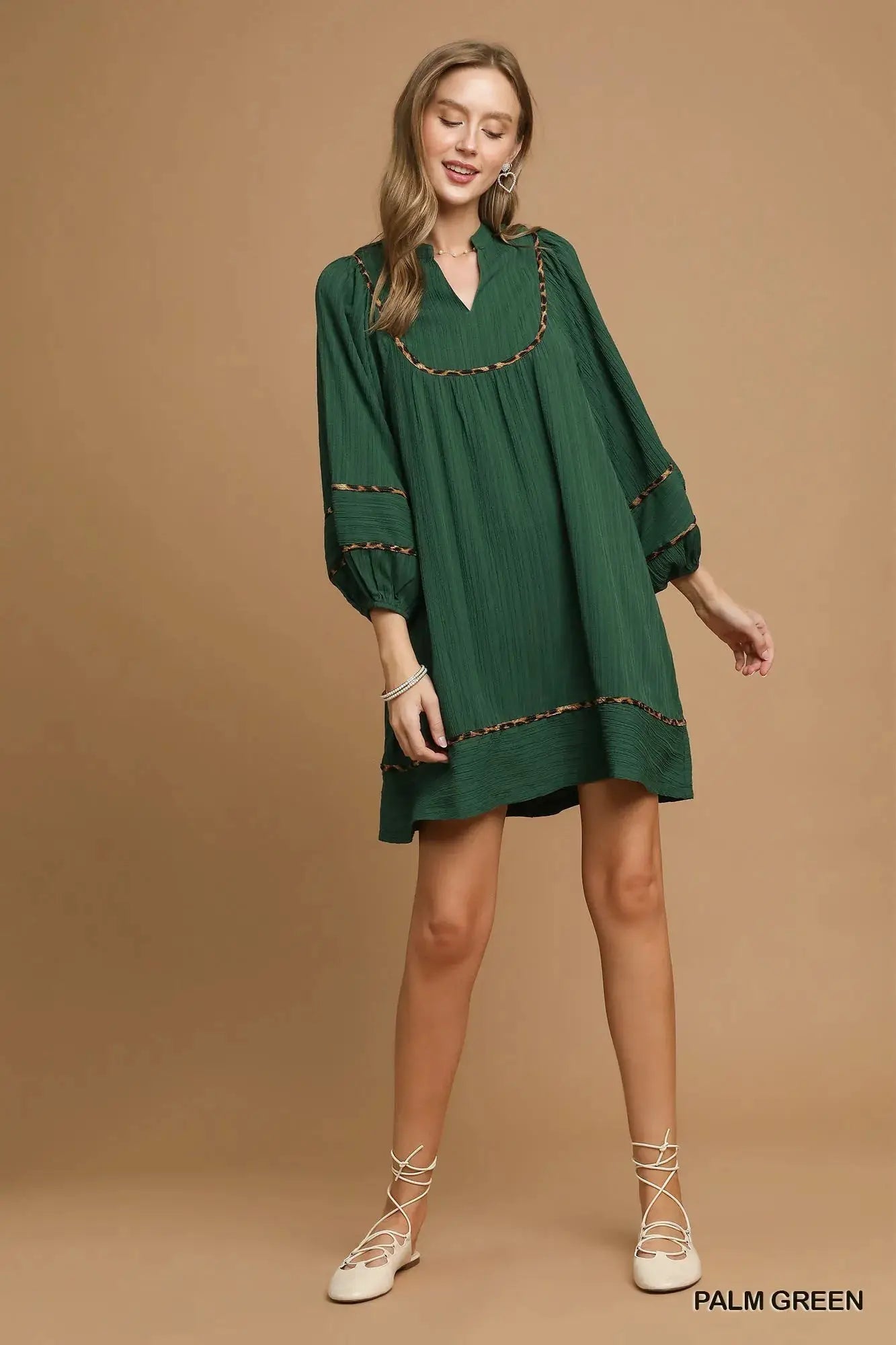 Umgee Textured Babydoll Dress with Leopard Trim by Trendsi