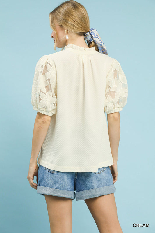 Umgee Textured Blouse with Lace Contrast Sleeves - Bitsy Gypsy Boutique