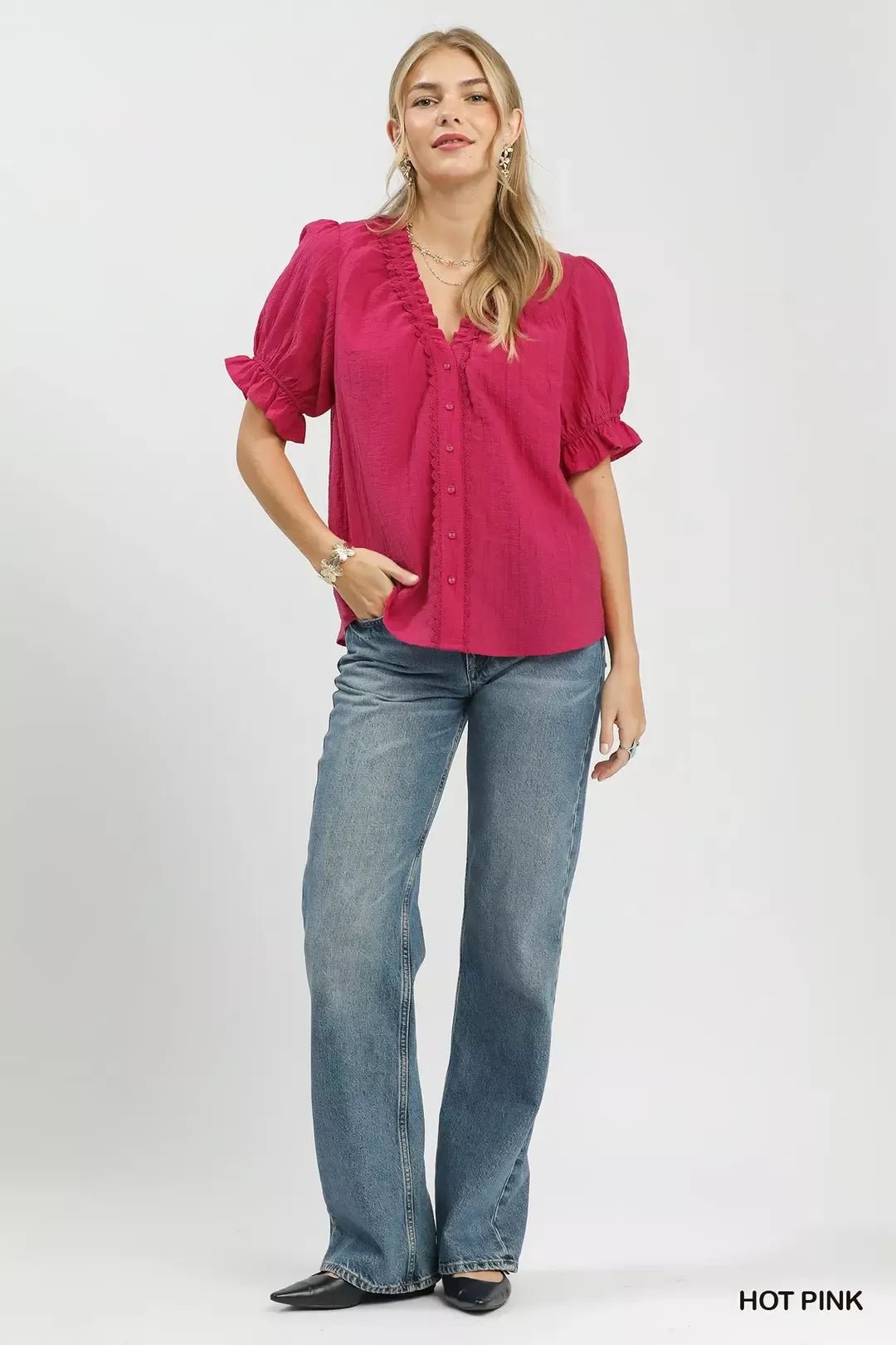 Umgee Textured Button - Front Puff Sleeve Top - Bitsy Gypsy Boutique