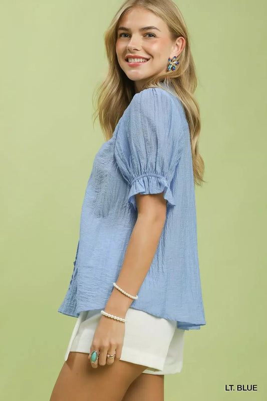 Umgee Textured Button - Front Puff Sleeve Top - Bitsy Gypsy Boutique