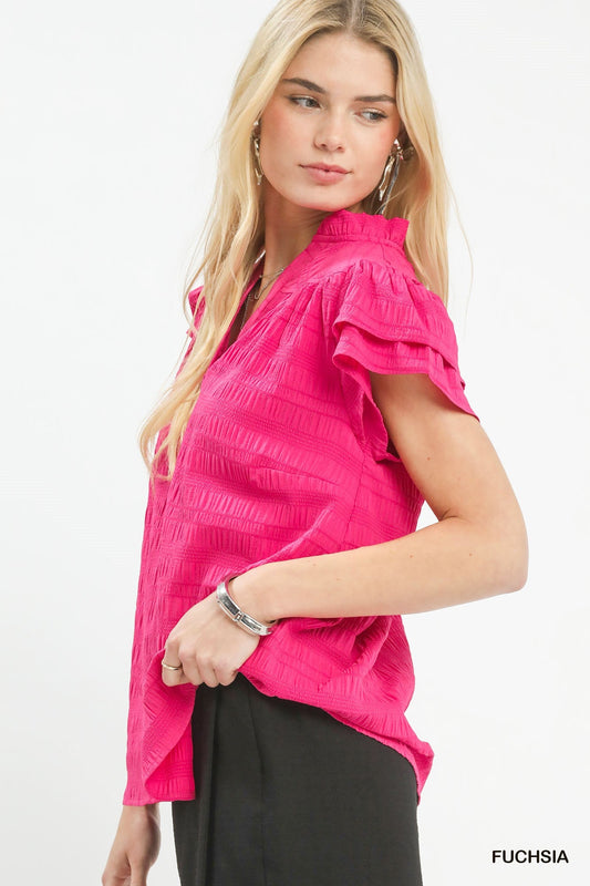 Umgee Textured Flutter Sleeve Split Neck Top - Bitsy Gypsy Boutique