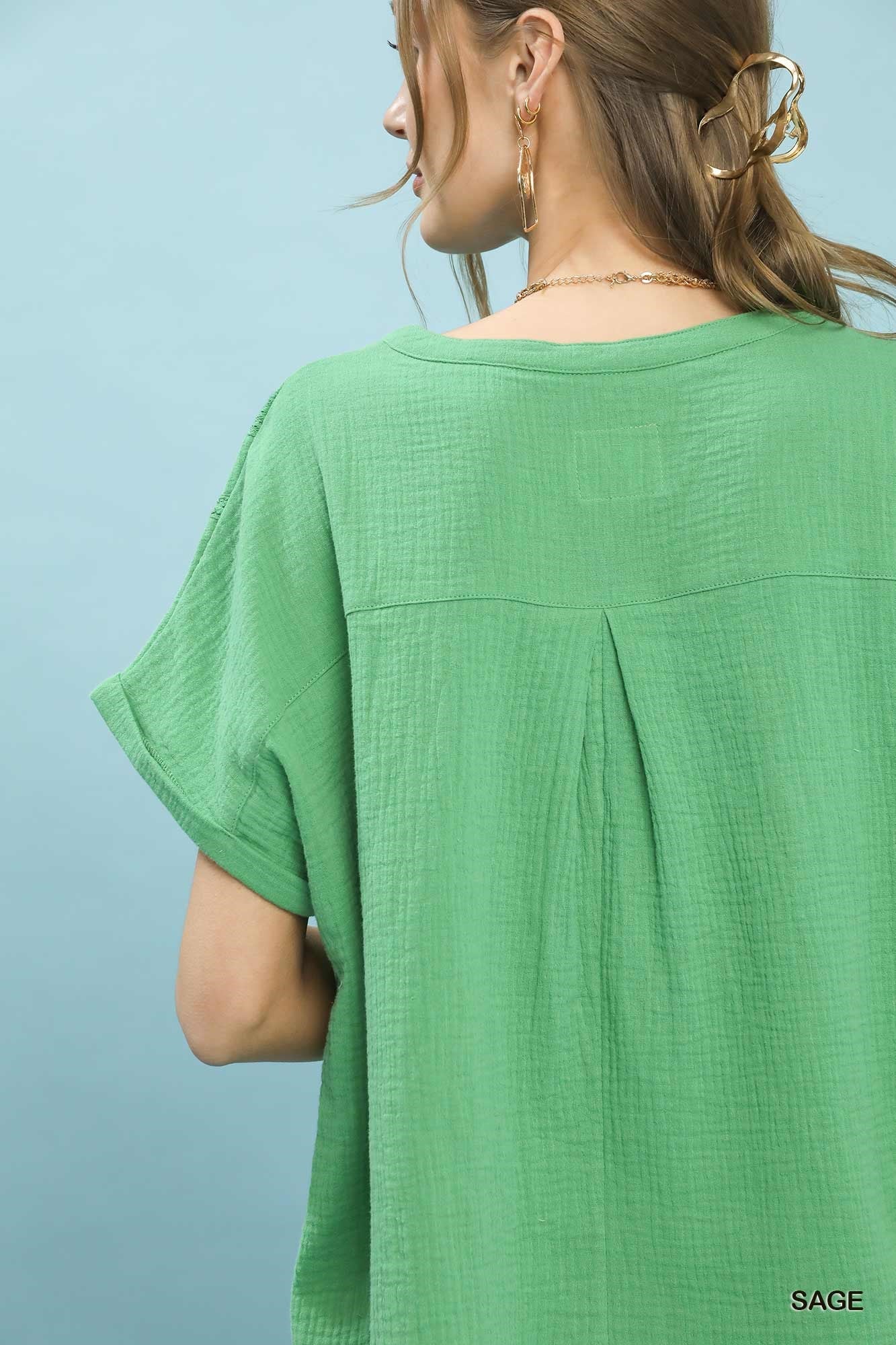 Umgee Textured Gauze Split - Neck Boho Blouse - Bitsy Gypsy Boutique
