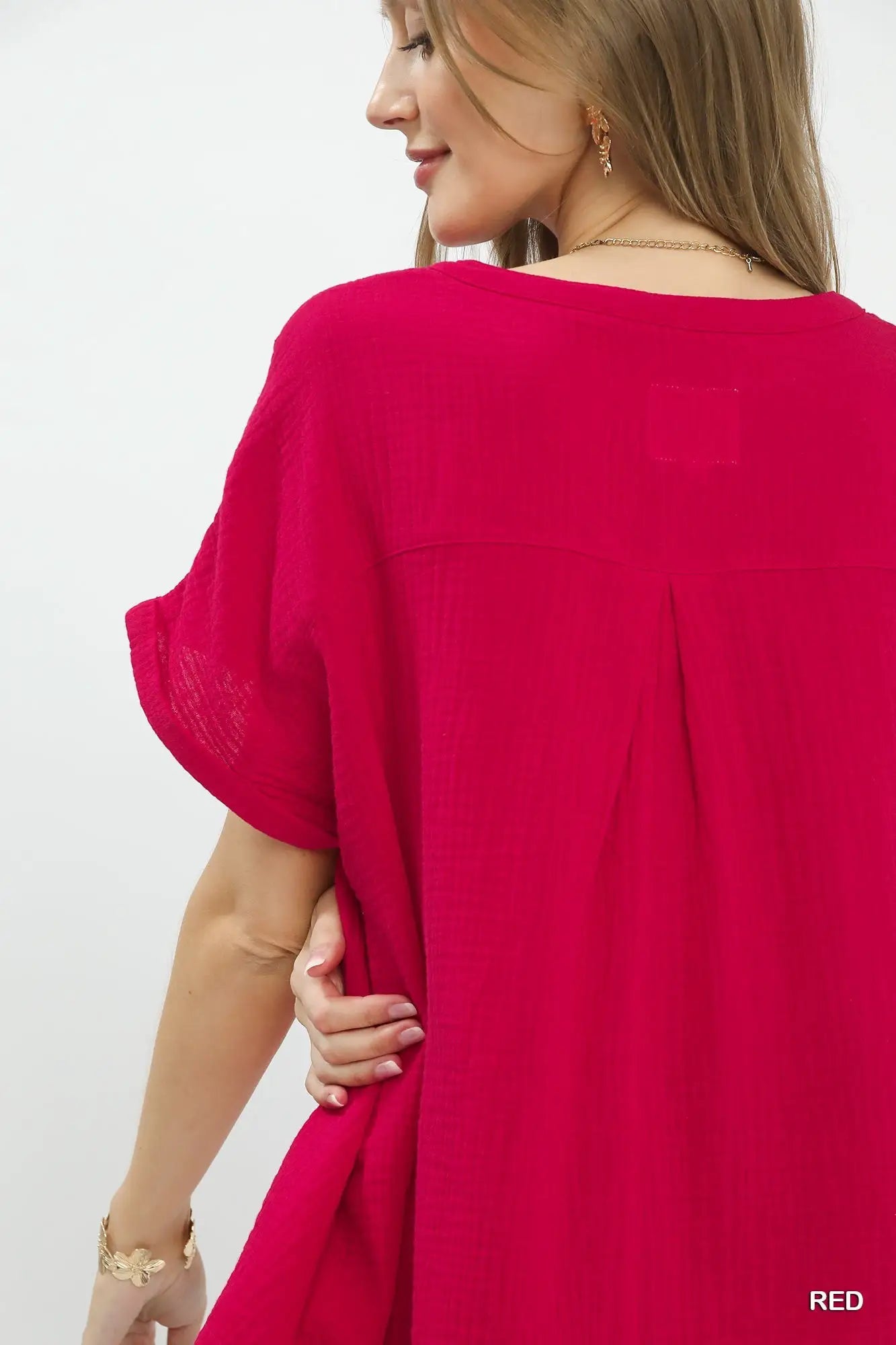 Umgee Textured Gauze Split-Neck Boho Blouse by Trendsi
