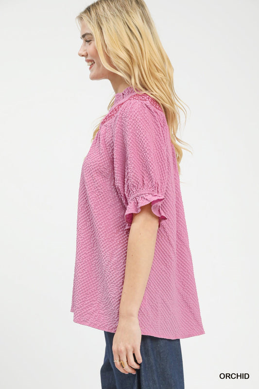 Umgee Textured Henley Blouse with Ruffle Cuffs - Bitsy Gypsy Boutique