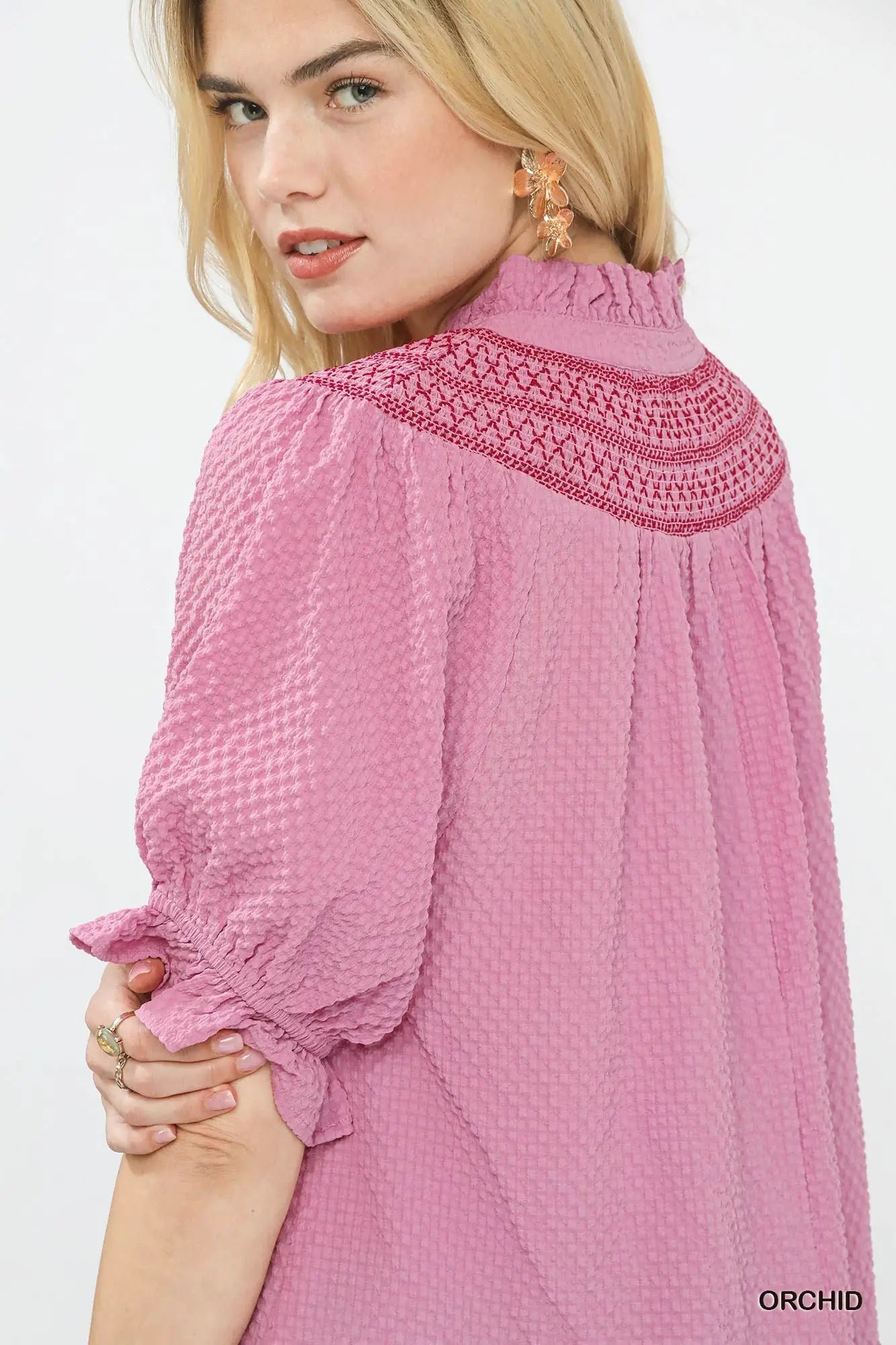 Umgee Textured Henley Blouse with Ruffle Cuffs by Trendsi
