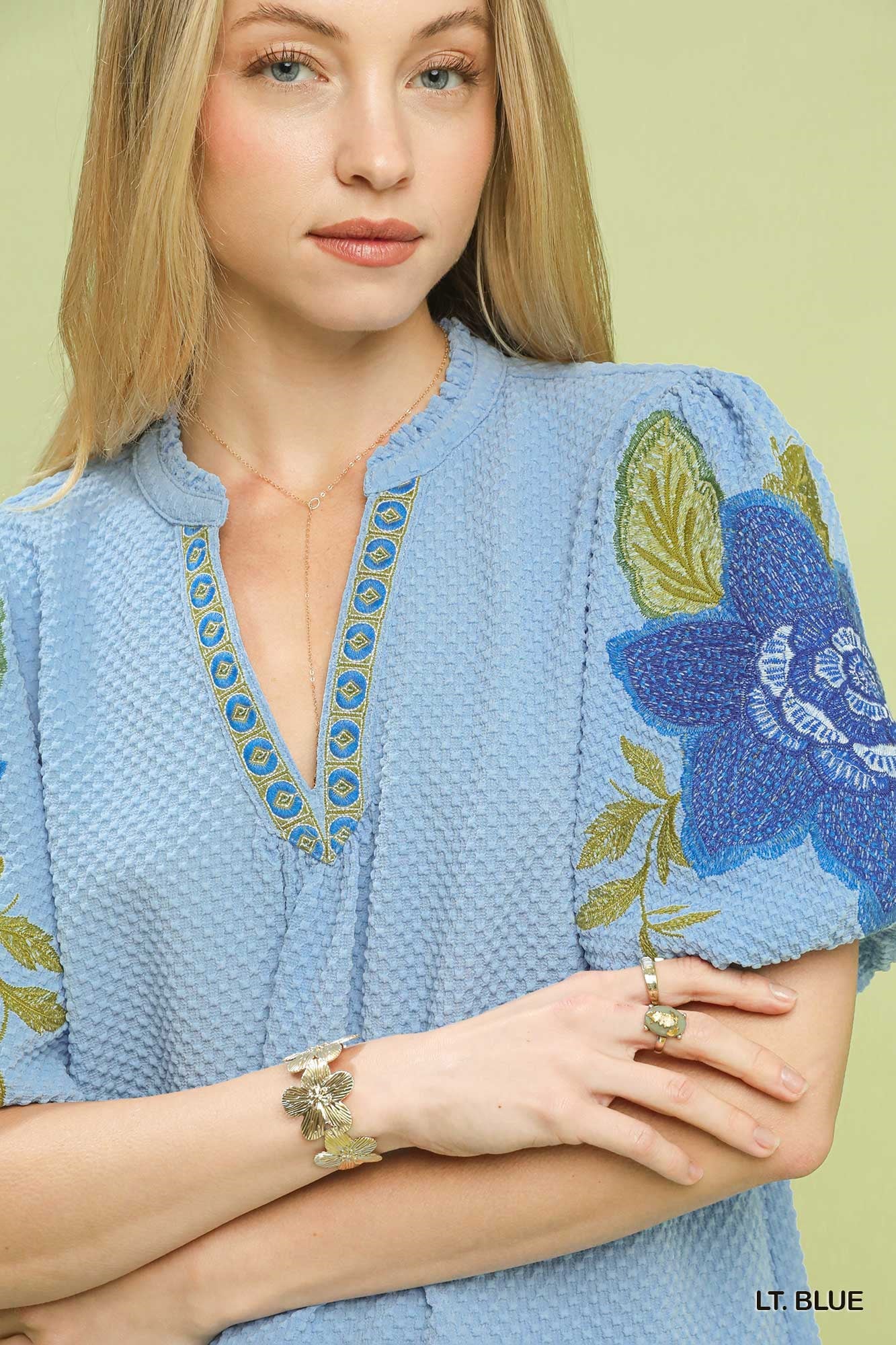 Umgee Textured Jacquard V - Neck Bubble Sleeve Top - Bitsy Gypsy Boutique