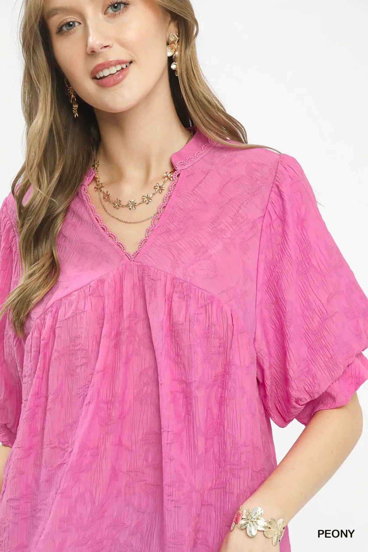 Umgee Textured Lace Trim V-Neck Boho Blouse by Trendsi