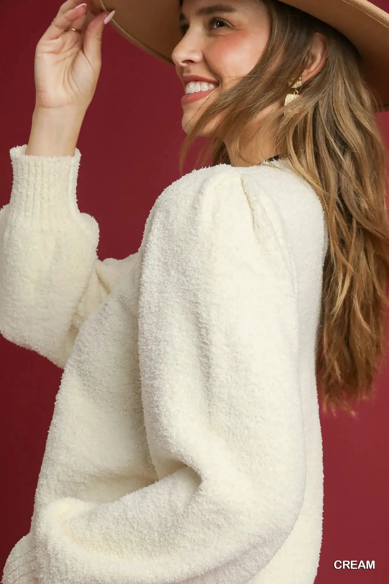 Umgee Textured Long Sleeve Sweater with Ribbed Trim by Trendsi