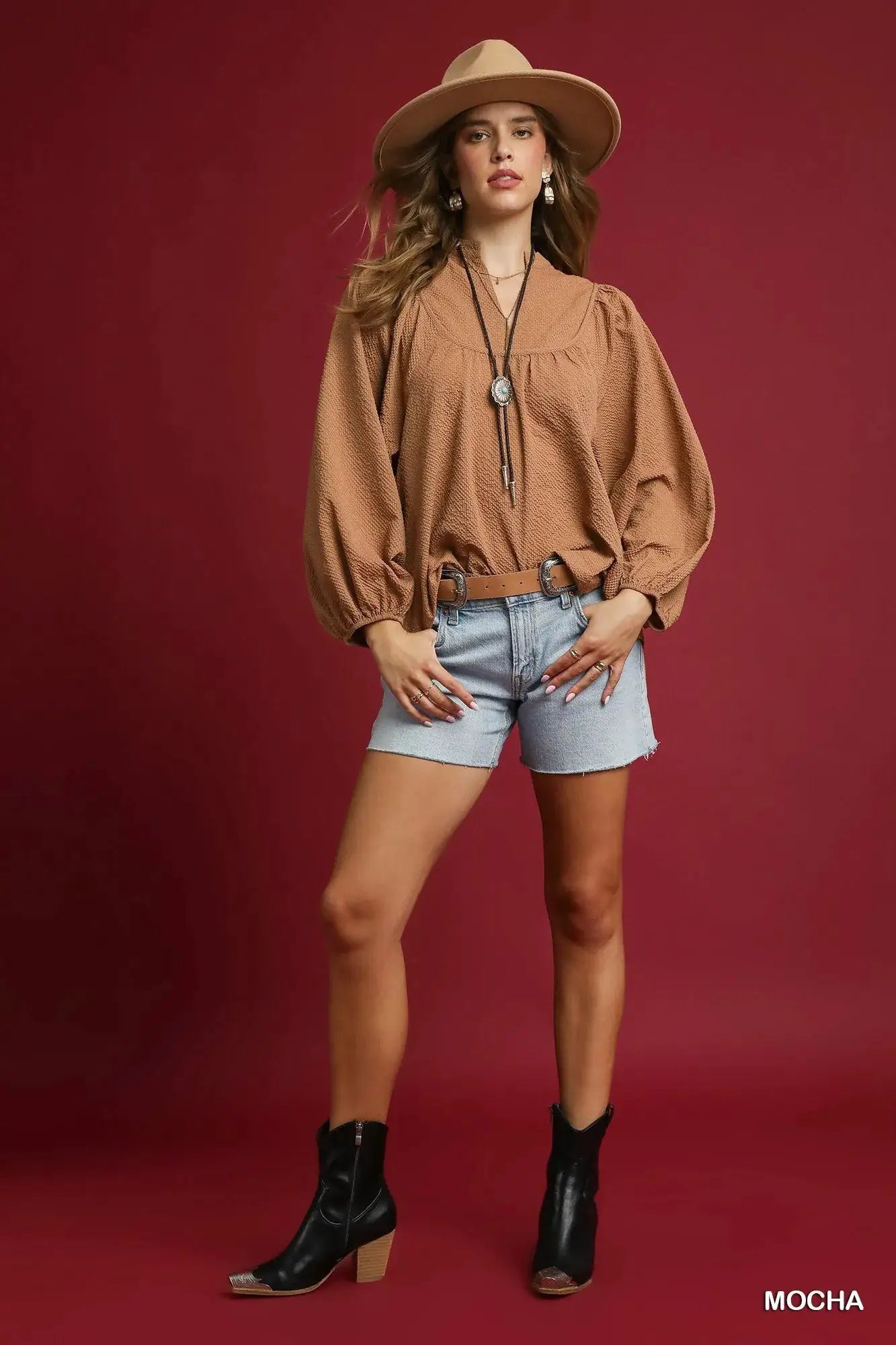 Umgee Textured Notched Blouse with Balloon Sleeves by Trendsi