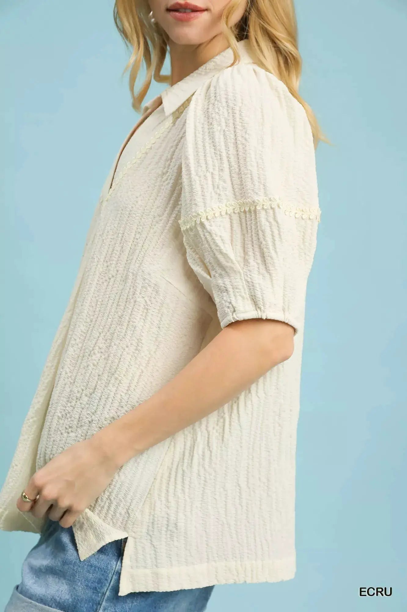 Umgee Textured Puff Sleeve Blouse by Trendsi
