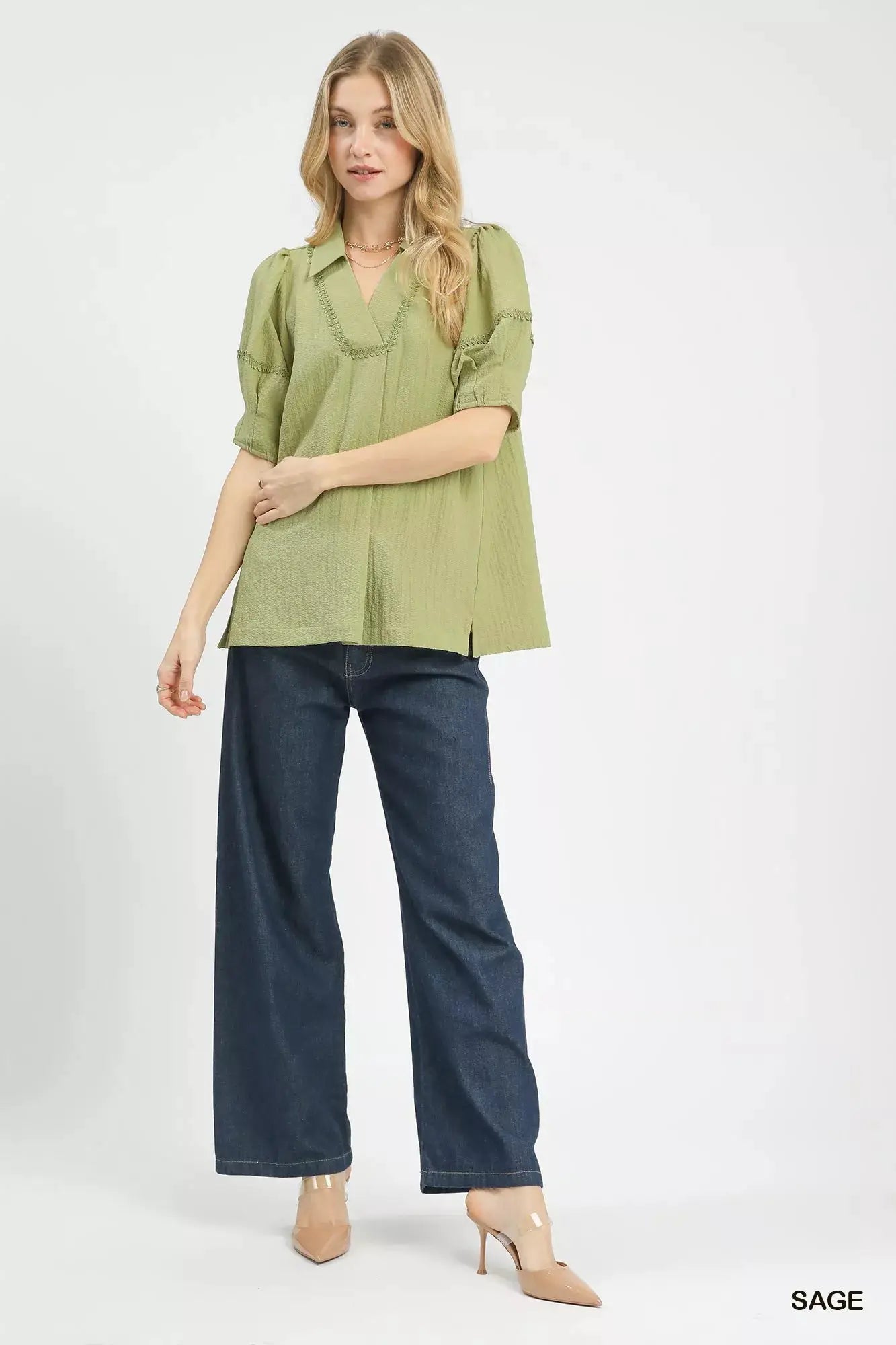 Umgee Textured Puff Sleeve Top by Trendsi