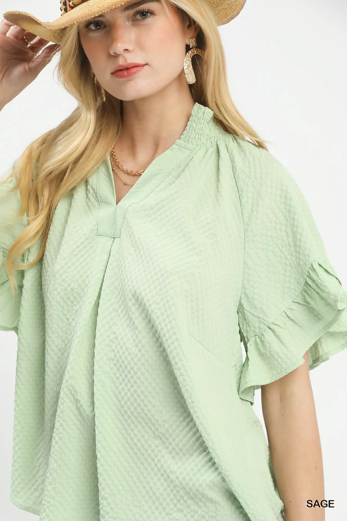 Umgee Textured Ruffle Sleeve Blouse by Trendsi