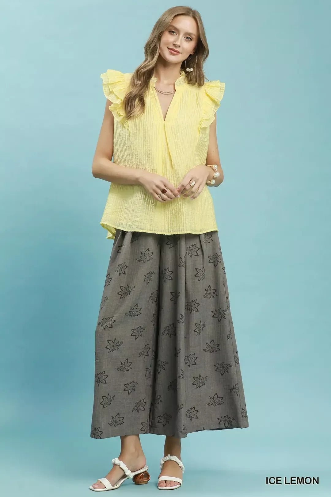 Umgee Textured Ruffle Sleeve Split V Neck Top - Bitsy Gypsy Boutique