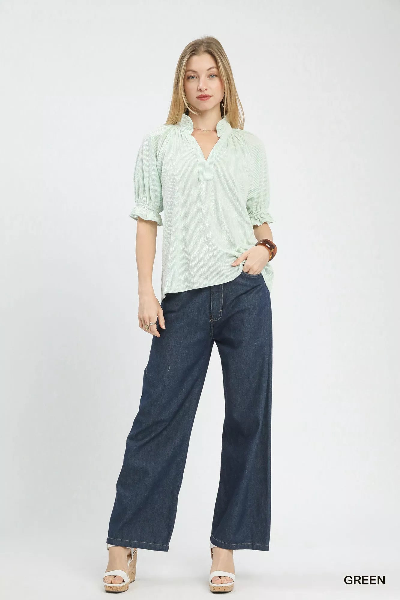 Umgee Textured Ruffle Sleeve V - Neck Top - Bitsy Gypsy Boutique
