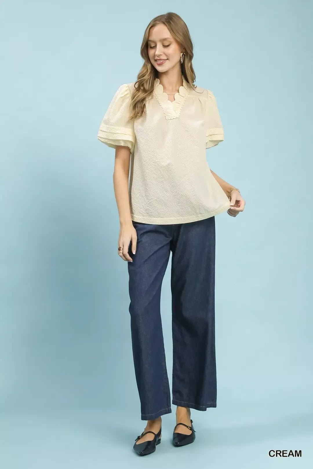 Umgee Textured Scallop Trim Puff Sleeve Blouse - Bitsy Gypsy Boutique