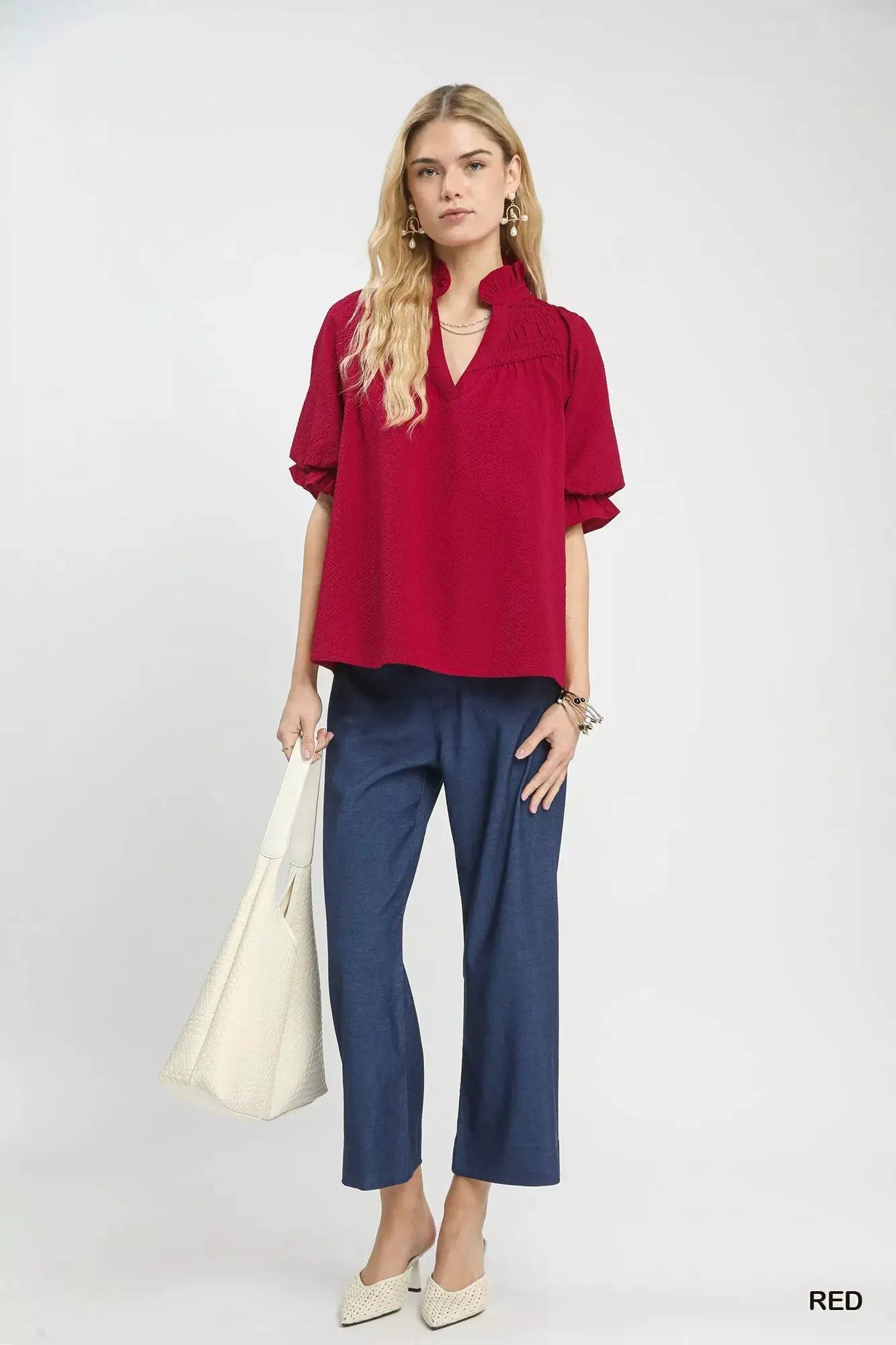 Umgee Textured Smocked Yoke Split-Neck Top by Trendsi