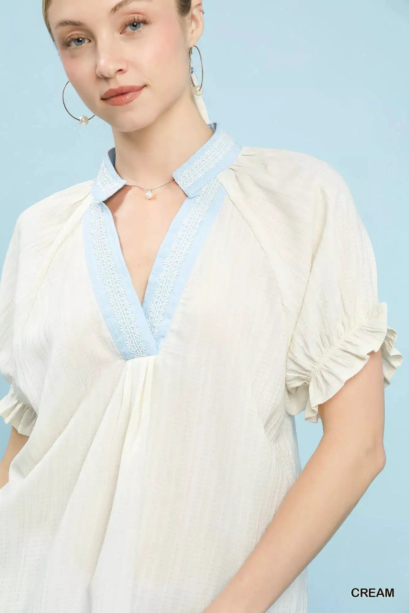 Umgee Textured V-Neck Top with Lace Trim Details by Trendsi