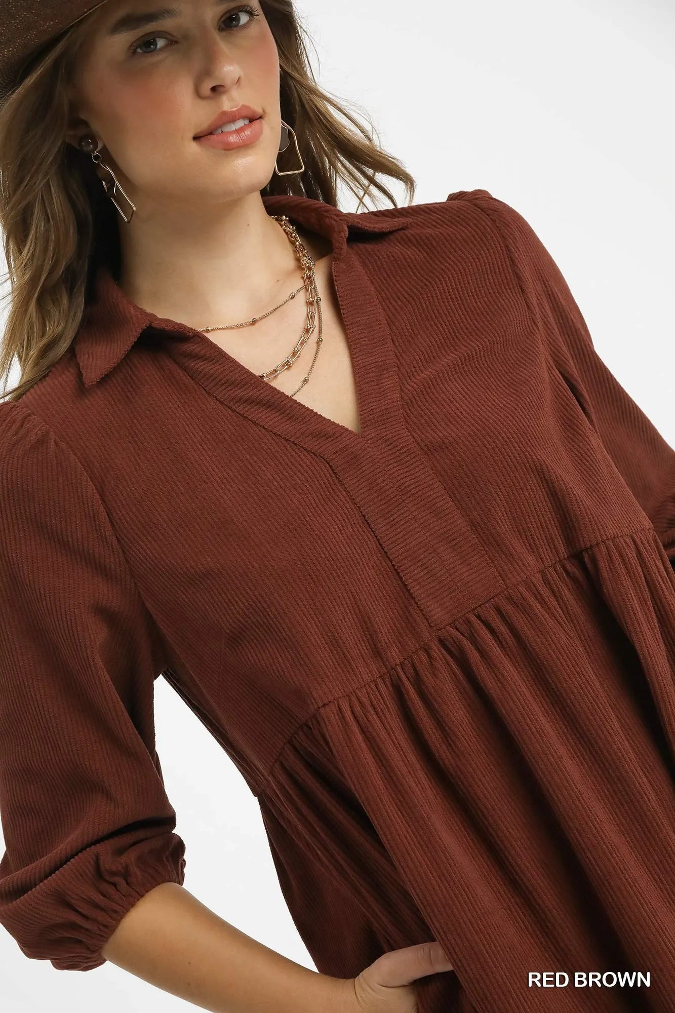 Umgee Tiered Corduroy Mini Dress with Balloon Sleeves - Bitsy Gypsy Boutique