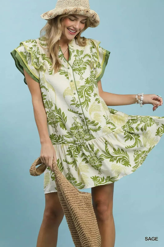 Umgee Toile Print Button - Front Placket Mini Dress with Dropped Ruffle Hem - Bitsy Gypsy Boutique