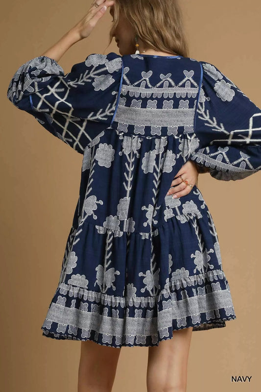 Umgee Tribal Print Dress with Tie Neck - Bitsy Gypsy Boutique