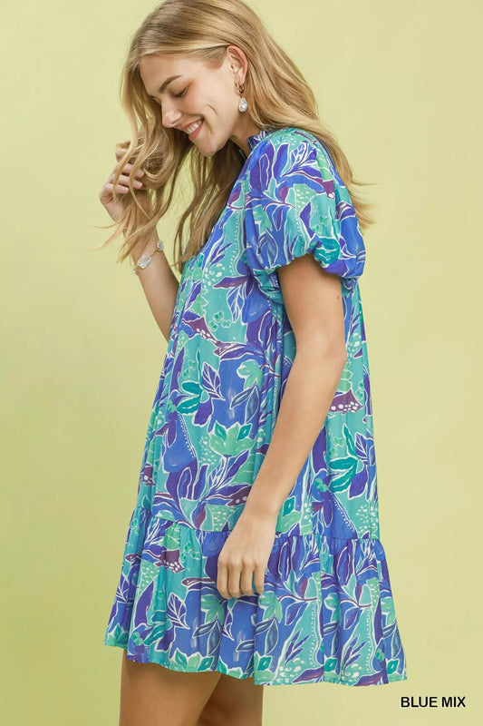 Umgee Tropical Floral Puff Sleeve Tiered Mini Dress - Bitsy Gypsy Boutique