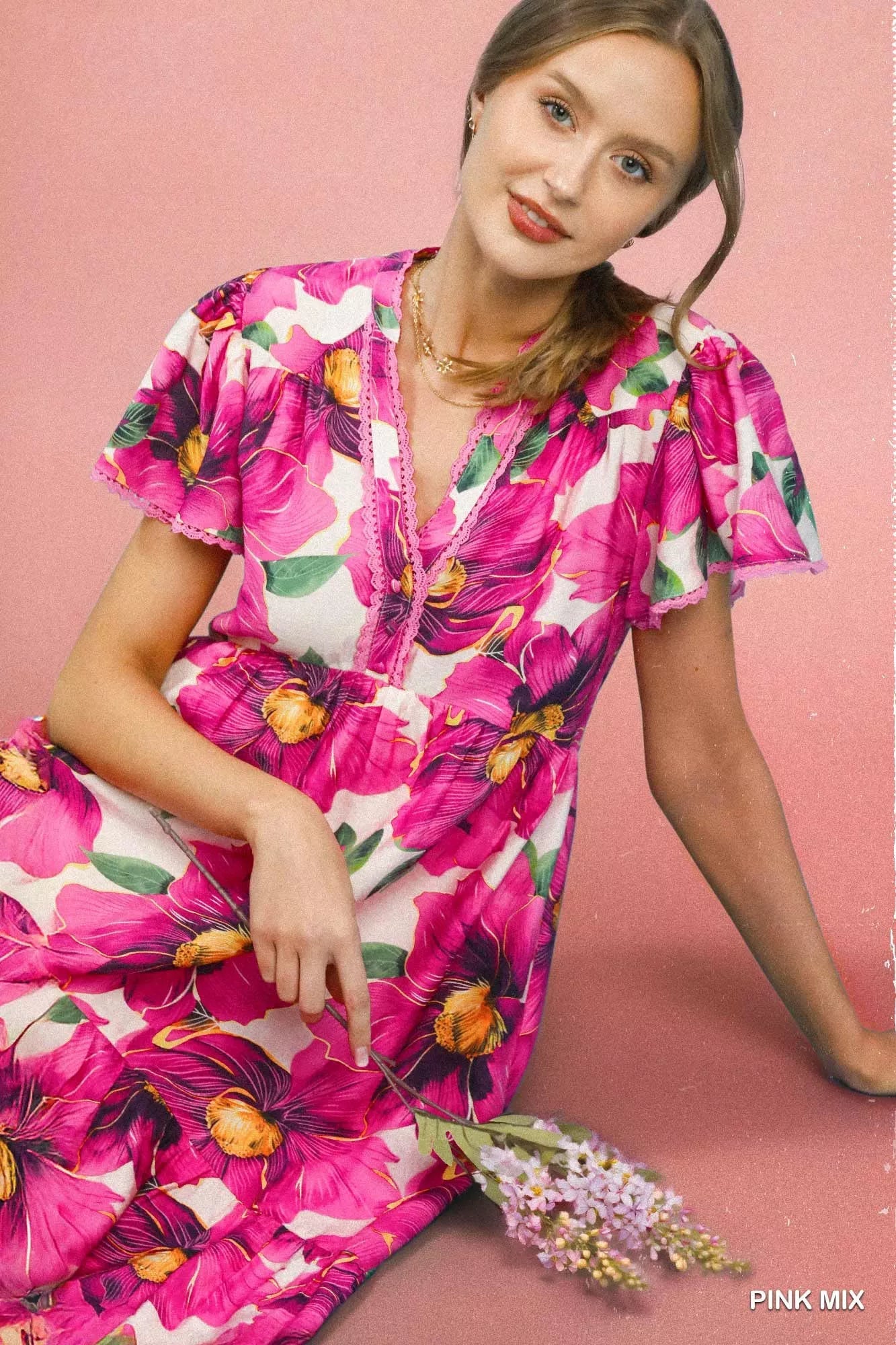 Umgee Tropical Floral V-Neck Flutter Sleeve Tiered Midi Dress - Bitsy Gypsy Boutique