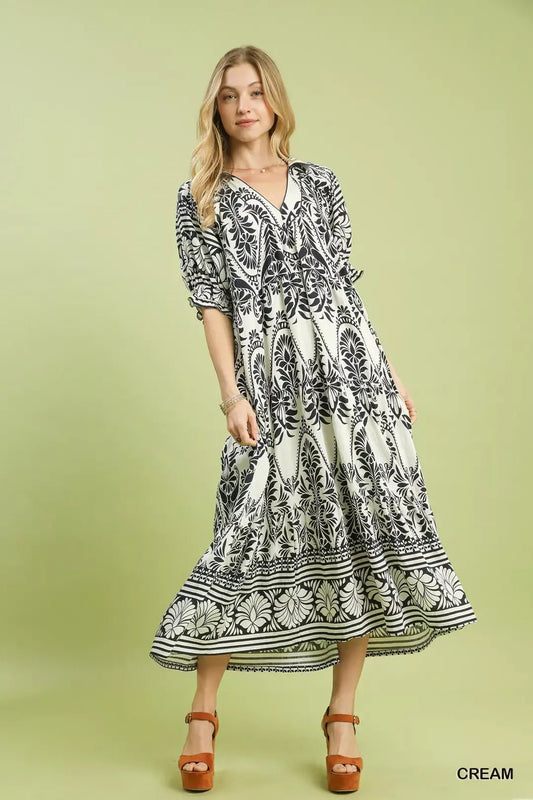 Umgee Two tone Border Print Midi Dress - Bitsy Gypsy Boutique