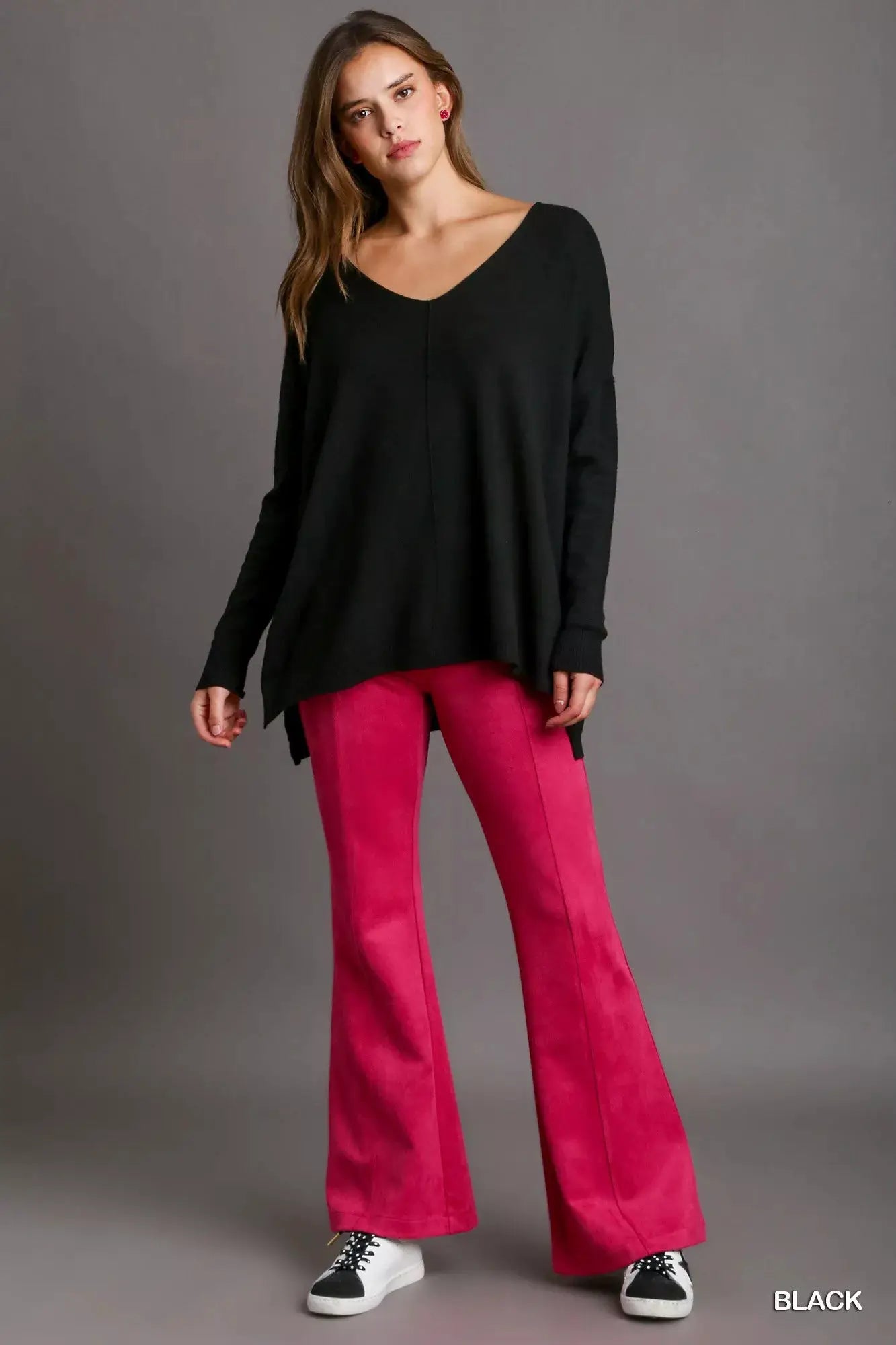 Umgee V-Neck High Low Hem Knit Top with Side Slit by Trendsi