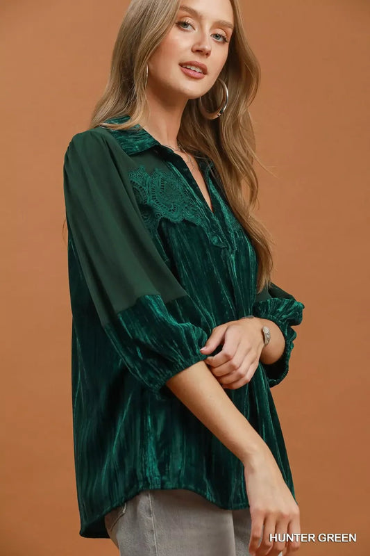 Umgee Velvet Lace Detail Mixed Fabric Blouse - Bitsy Gypsy Boutique