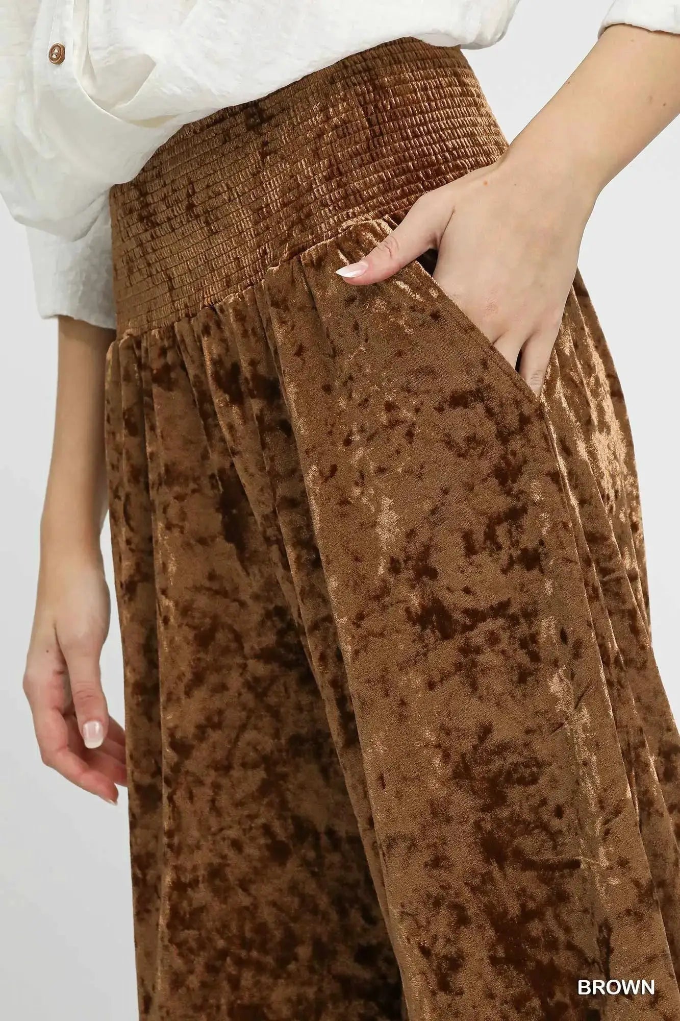 Umgee Velvet Smocked Waistband Wide Leg Pants by Trendsi