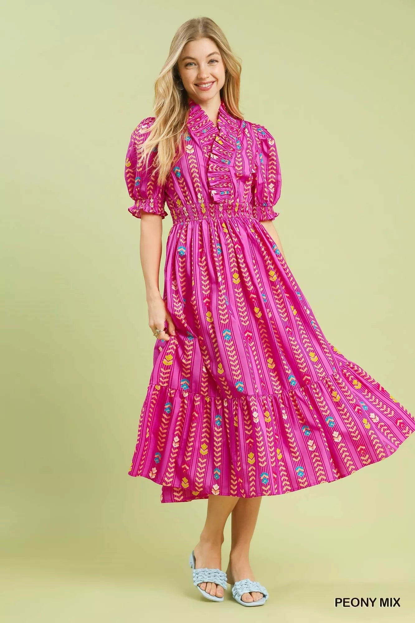 Umgee Vibrant Ruffle Smocked Midi Dress - Bitsy Gypsy Boutique